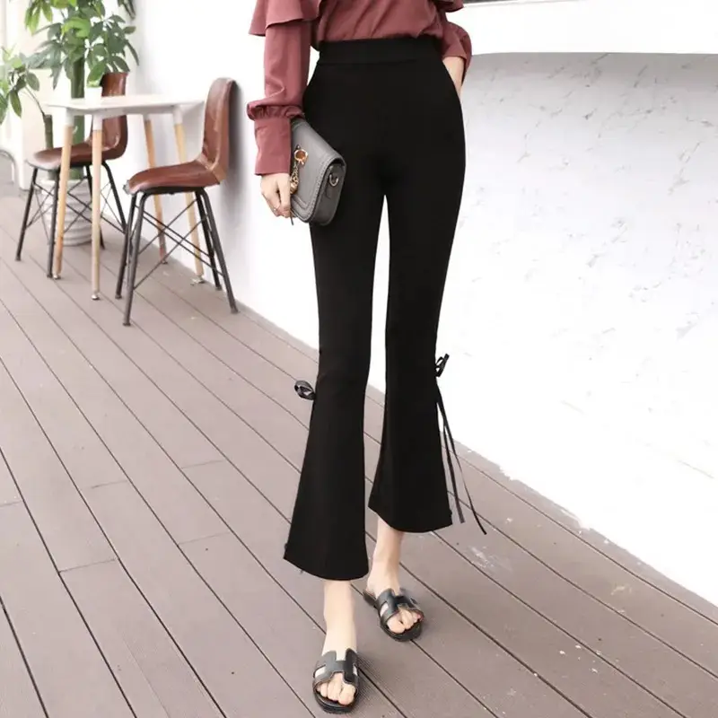 Women's Vintage Chic Side Slit Pants Black Cropped Slim Fit