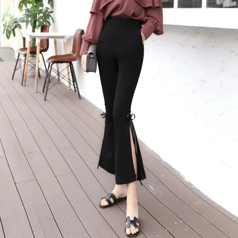 Women's Vintage Chic Side Slit Pants Black Cropped Slim Fit