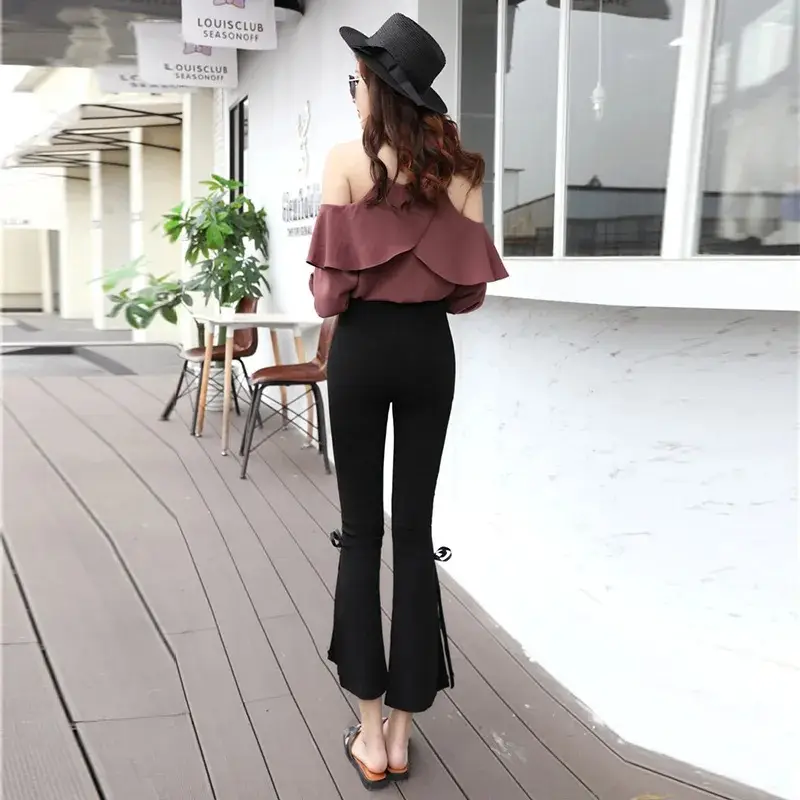 Women's Vintage Chic Side Slit Pants Black Cropped Slim Fit