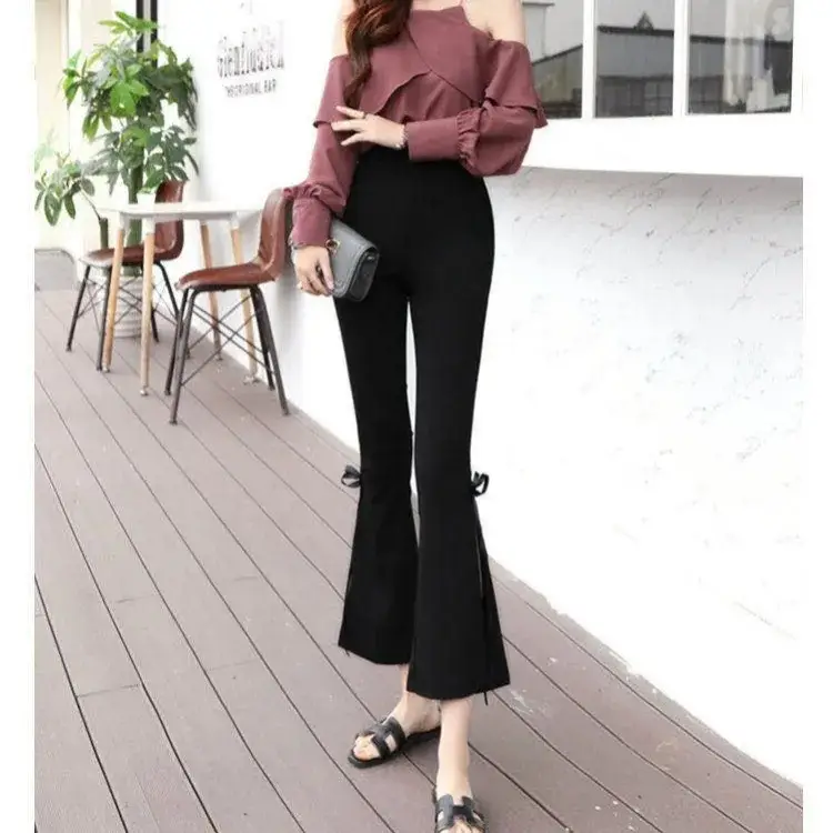 Women's Vintage Chic Side Slit Pants Black Cropped Slim Fit