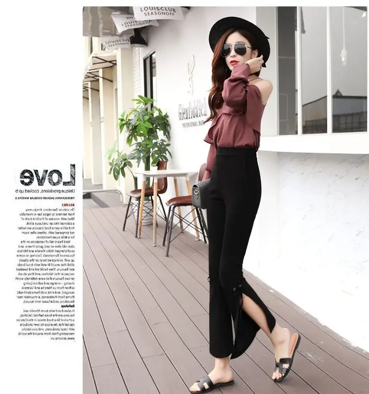 Women's Vintage Chic Side Slit Pants Black Cropped Slim Fit — feature 11