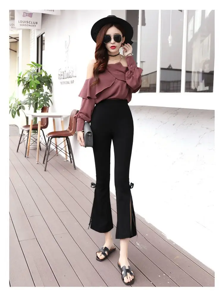 Women's Vintage Chic Side Slit Pants Black Cropped Slim Fit — feature 12