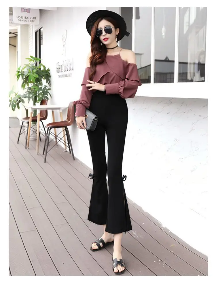 Women's Vintage Chic Side Slit Pants Black Cropped Slim Fit — feature 13