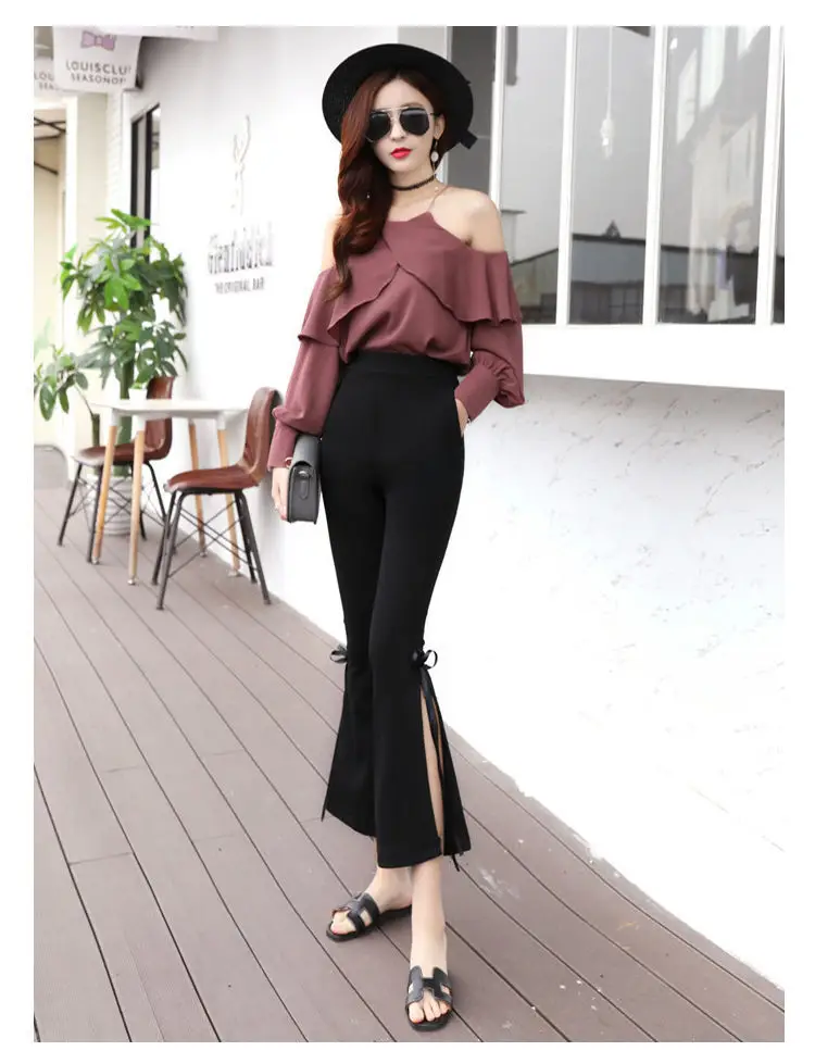 Women's Vintage Chic Side Slit Pants Black Cropped Slim Fit — feature 15