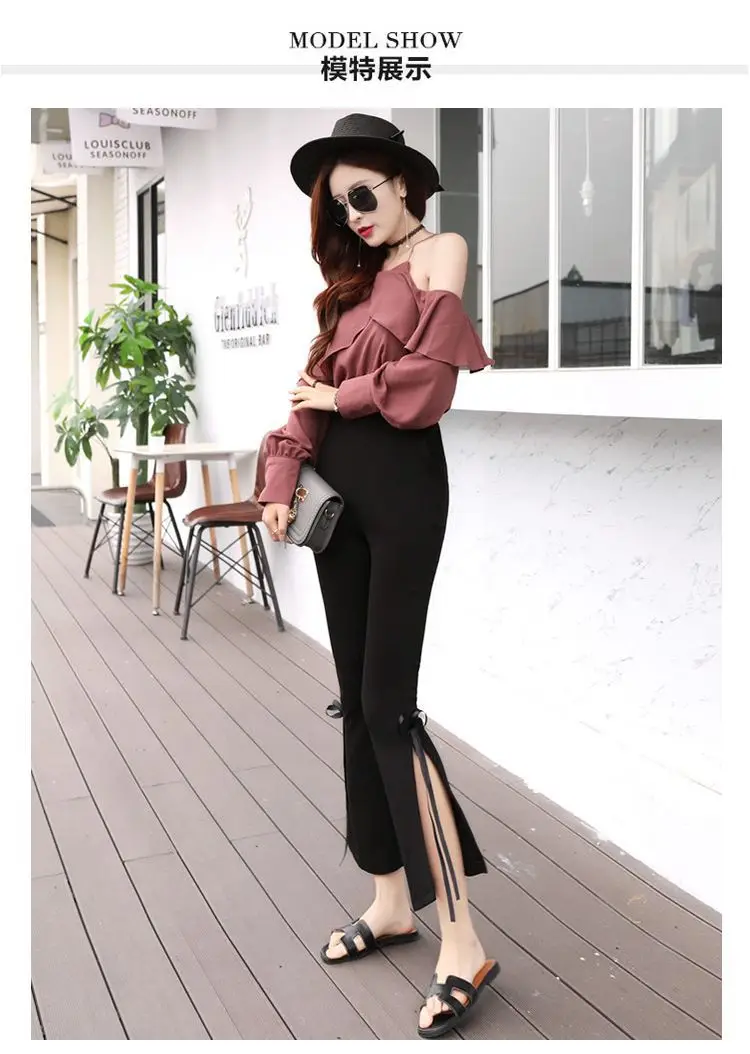 Women's Vintage Chic Side Slit Pants Black Cropped Slim Fit — feature 8