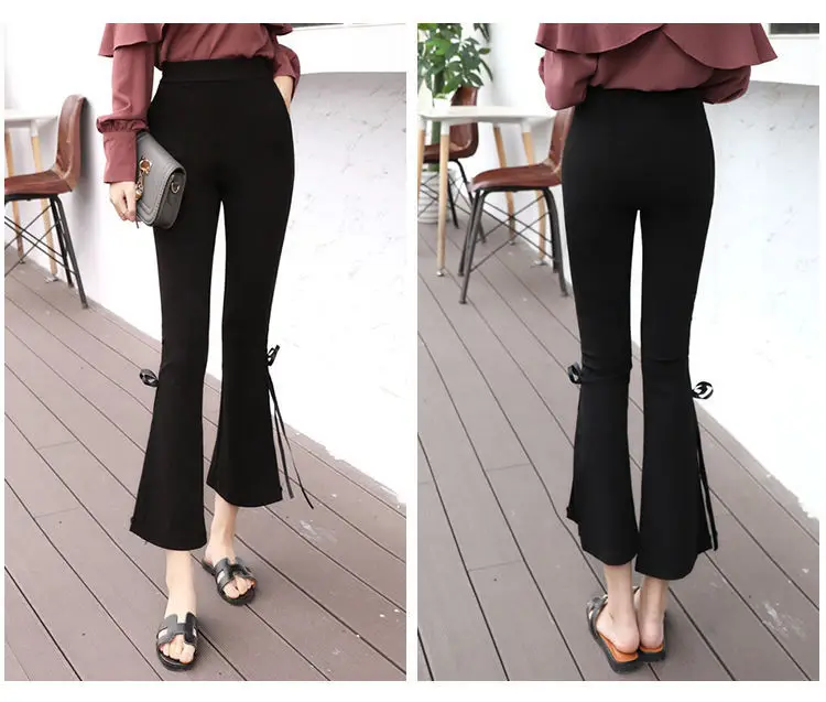 Women's Vintage Chic Side Slit Pants Black Cropped Slim Fit — feature 9
