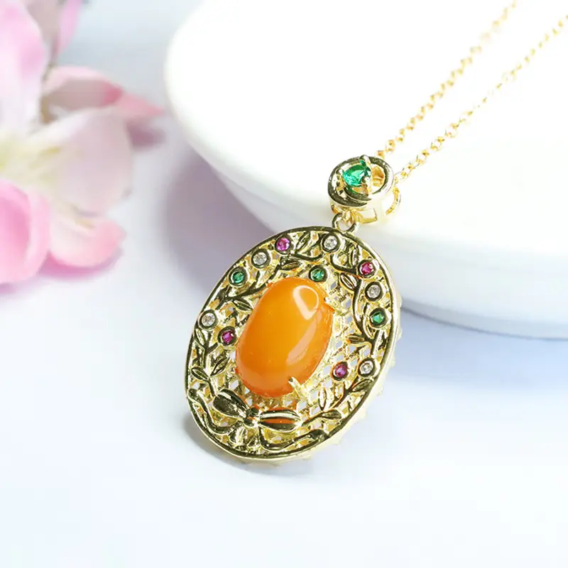 Natural Amber Cabochon Pendant Necklace with Green Stones