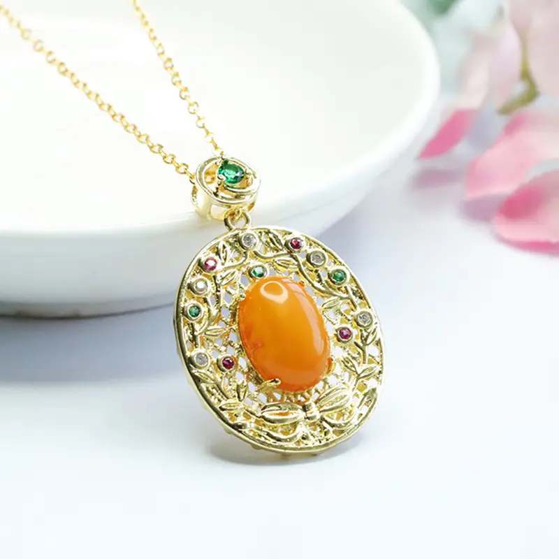 Natural Amber Cabochon Pendant Necklace with Green Stones