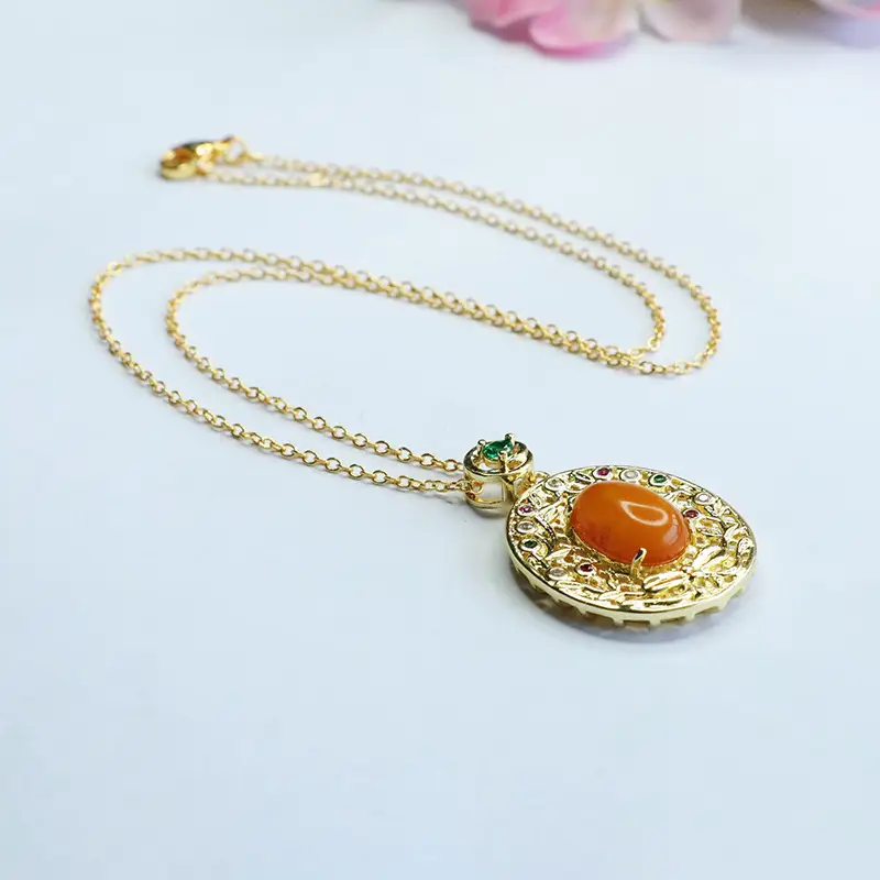 Natural Amber Cabochon Pendant Necklace with Green Stones