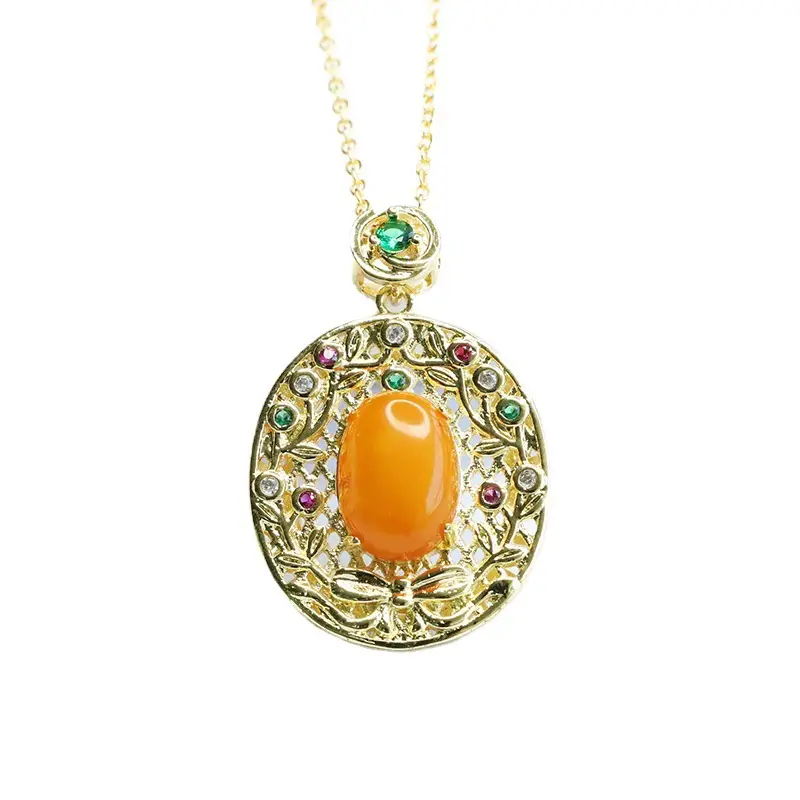 Natural Amber Cabochon Pendant Necklace with Green Stones