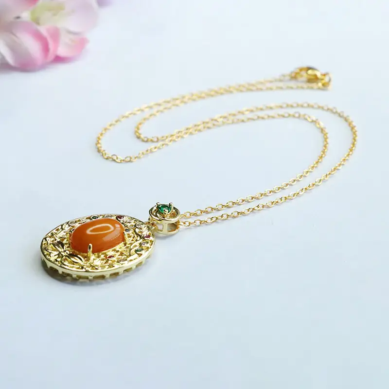 Natural Amber Cabochon Pendant Necklace with Green Stones — feature 10
