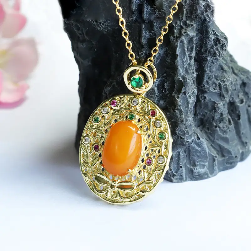 Natural Amber Cabochon Pendant Necklace with Green Stones — feature 8