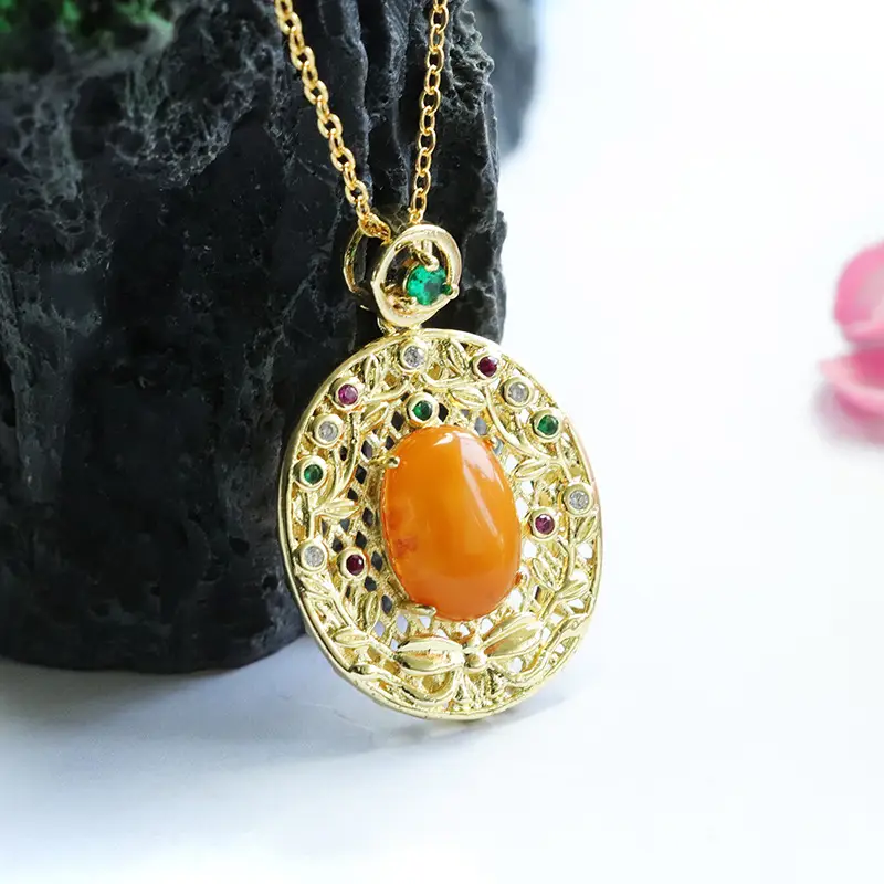 Natural Amber Cabochon Pendant Necklace with Green Stones — feature 9