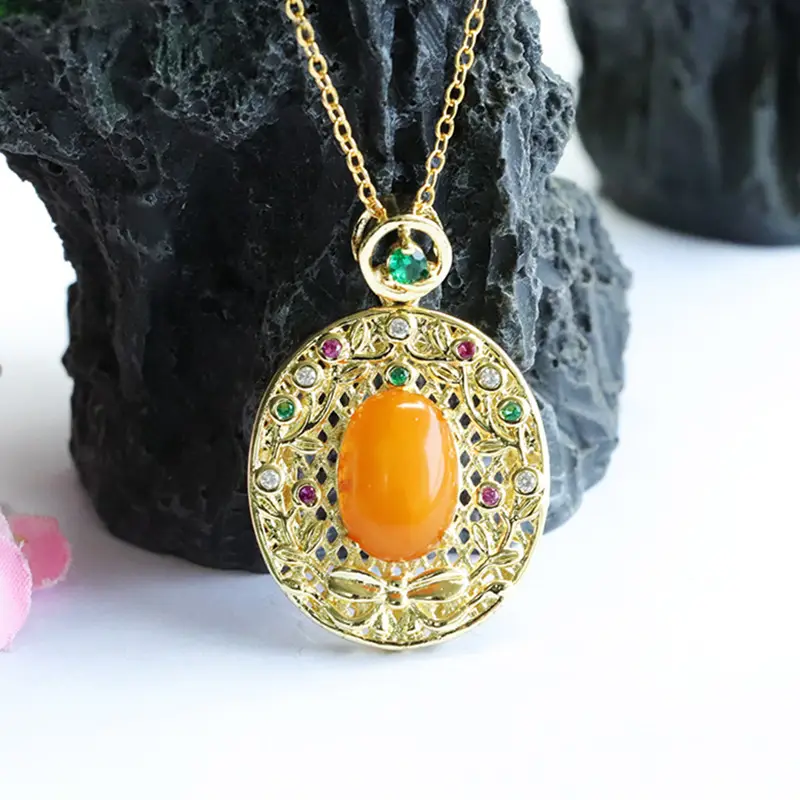 Natural Amber Cabochon Pendant Necklace with Green Stones