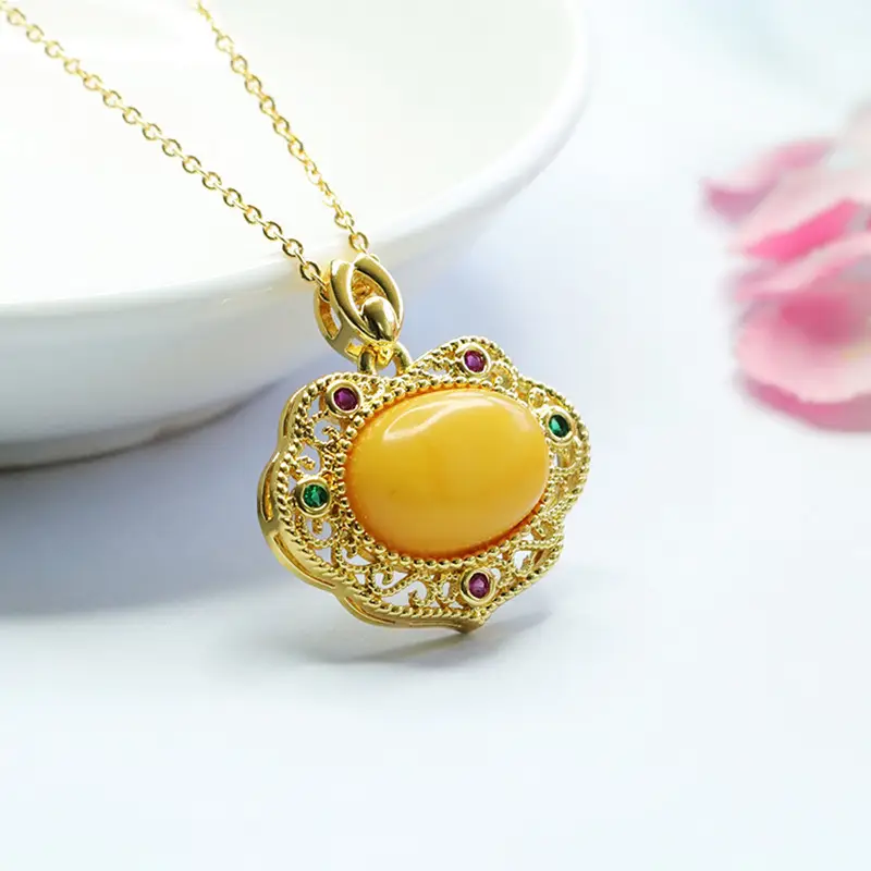 Guan Yu Natural Amber Pendant Full Honey Yellow Beeswax Ruyi Necklace - Image 5