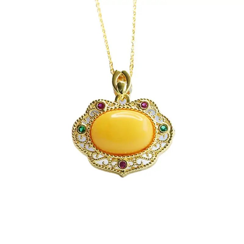 Guan Yu Natural Amber Pendant Full Honey Yellow Beeswax Ruyi Necklace - Image 7