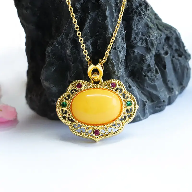 Guan Yu Natural Amber Pendant Full Honey Yellow Beeswax Ruyi Necklace - Image 2