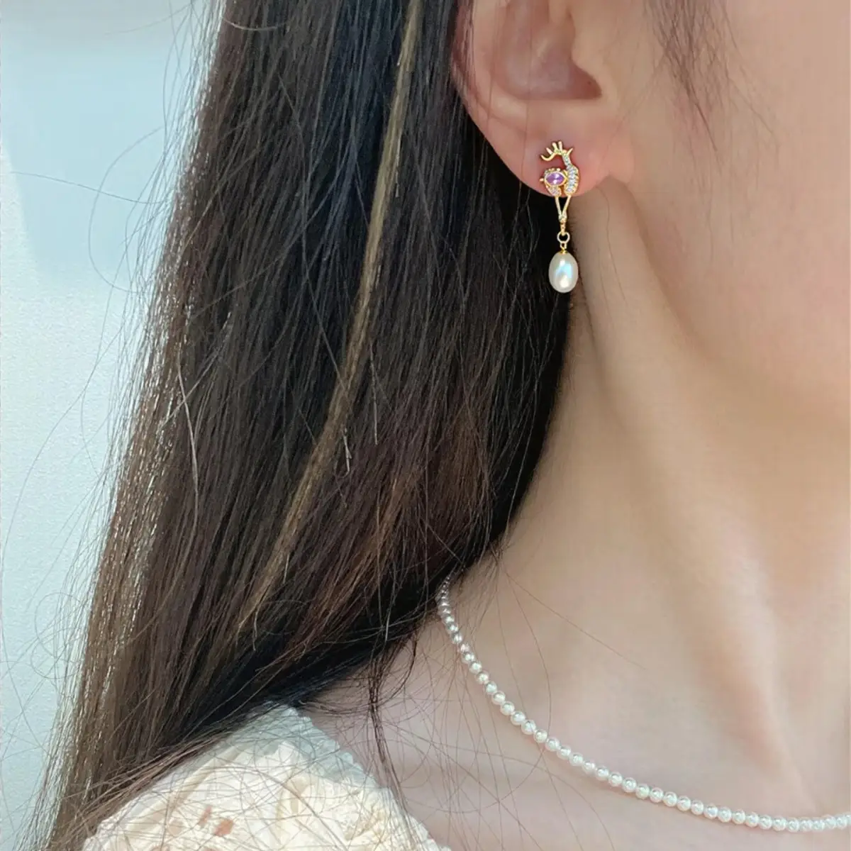 Natural Freshwater Pearl Earrings 18K Gold Filled Micro-inlaid Zircon PinK Deer Earrings - Image 5