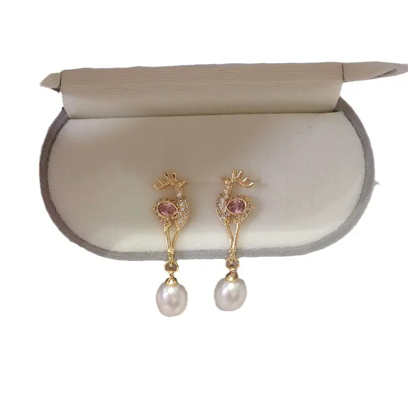Natural Freshwater Pearl Earrings 18K Gold Filled Micro-inlaid Zircon PinK Deer Earrings - Image 6