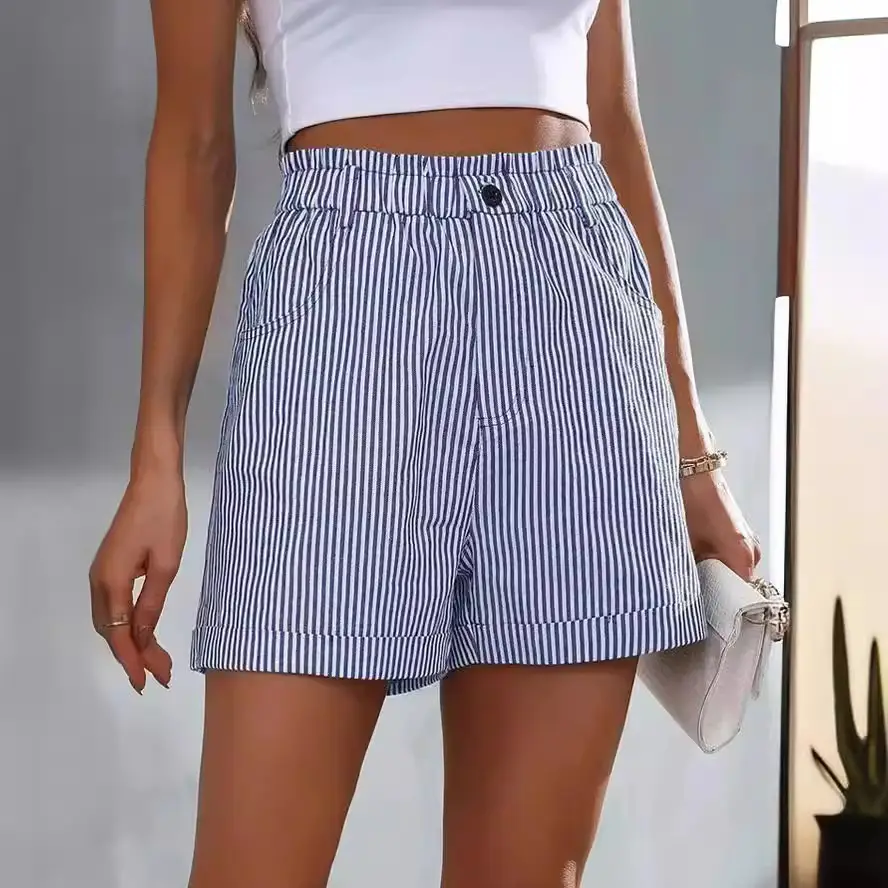 Women Striped Cotton Shorts Blue White Casual Summer - Image 5