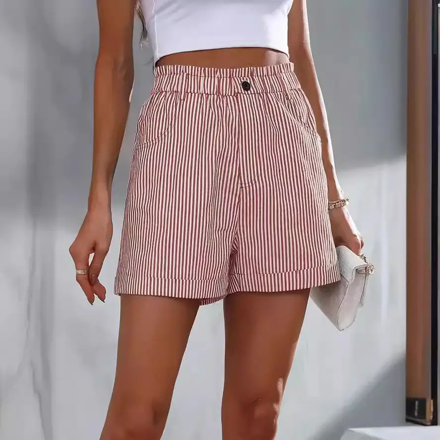Women Striped Cotton Shorts Blue White Casual Summer - Image 7