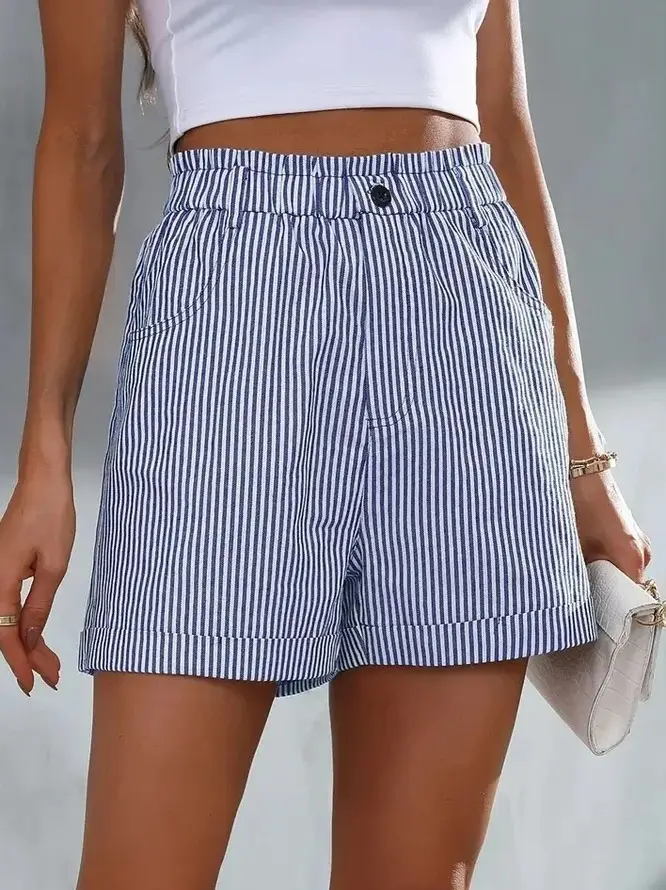 Women Striped Cotton Shorts Blue White Casual Summer - Image 3