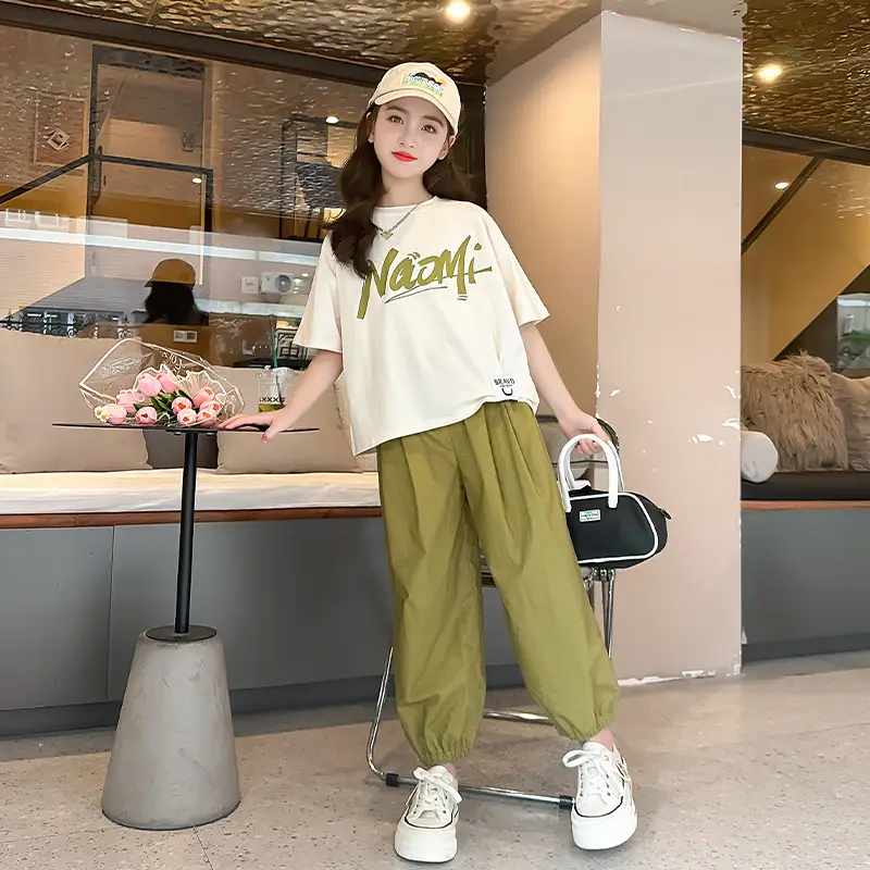 Girls 2-Piece Summer Suit Olive Green Thin Cotton Set