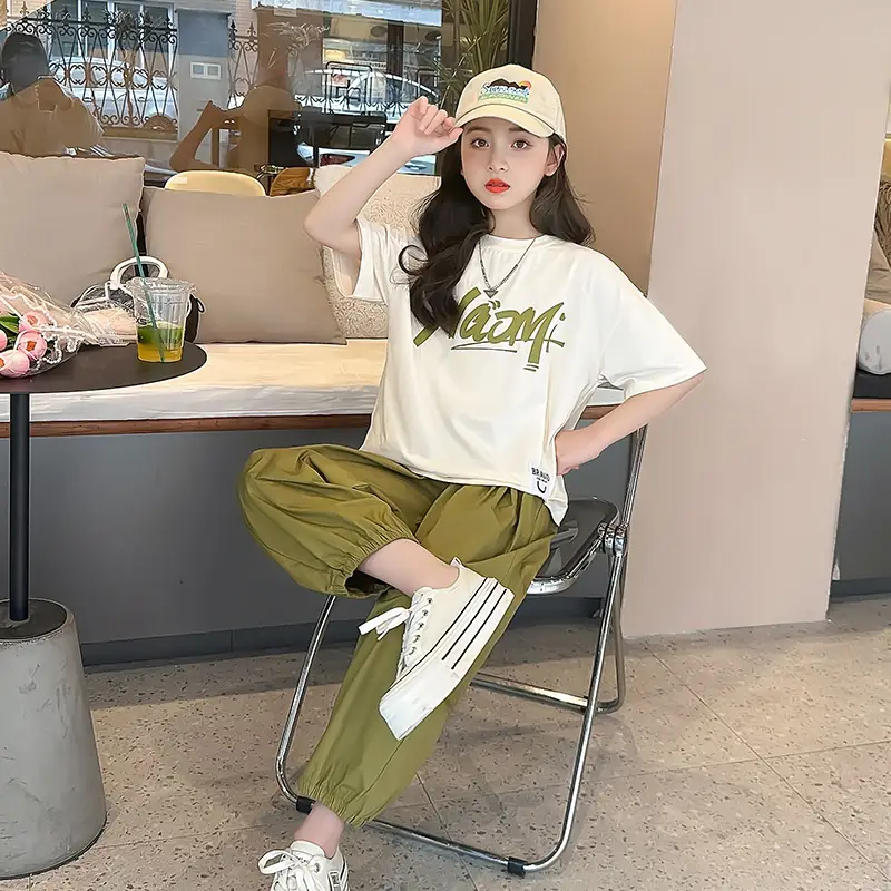 Girls 2-Piece Summer Suit Olive Green Thin Cotton Set