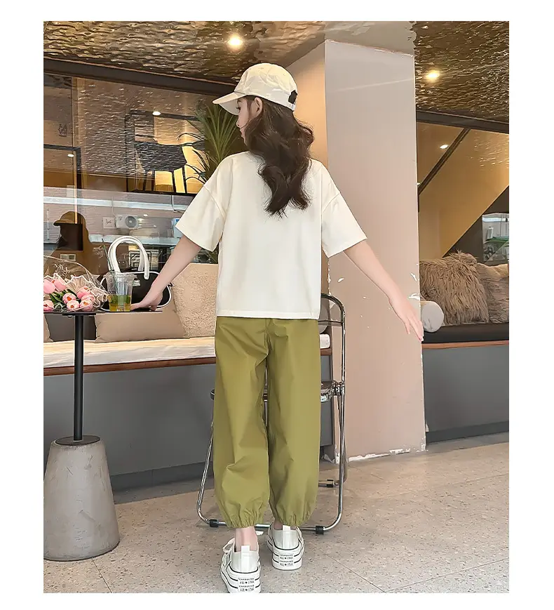 Girls 2-Piece Summer Suit Olive Green Thin Cotton Set — feature 10