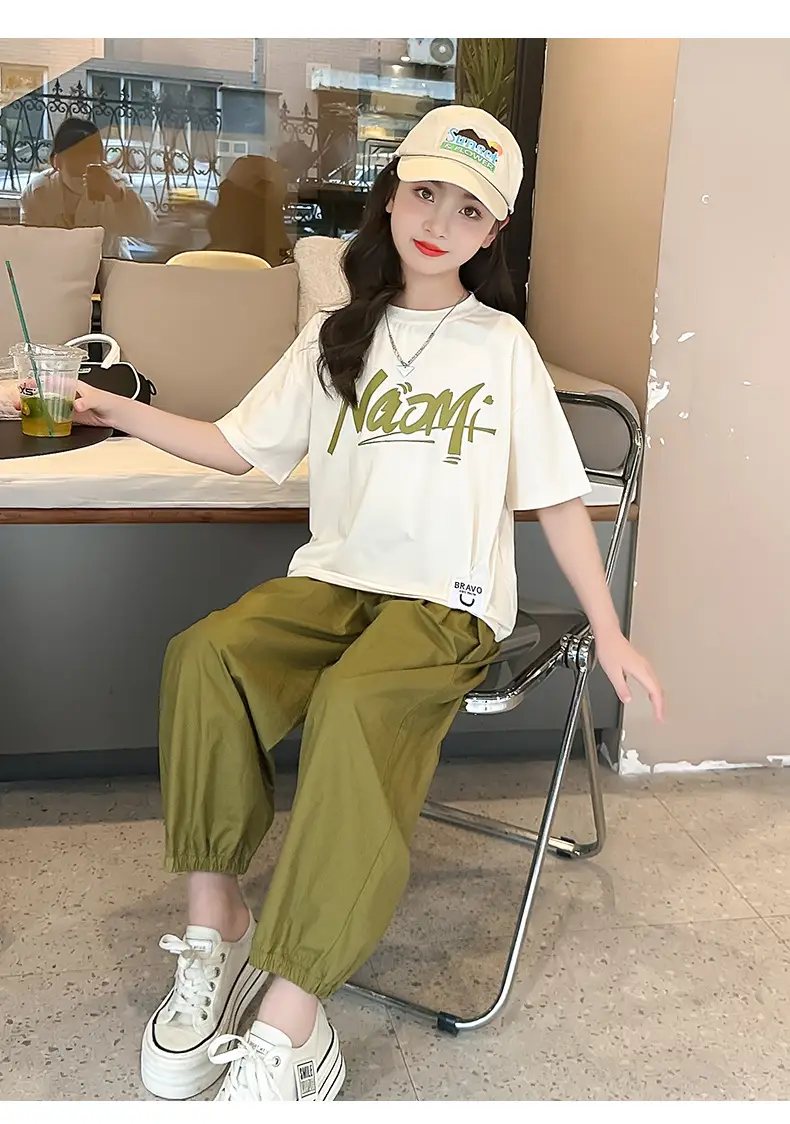 Girls 2-Piece Summer Suit Olive Green Thin Cotton Set — feature 11