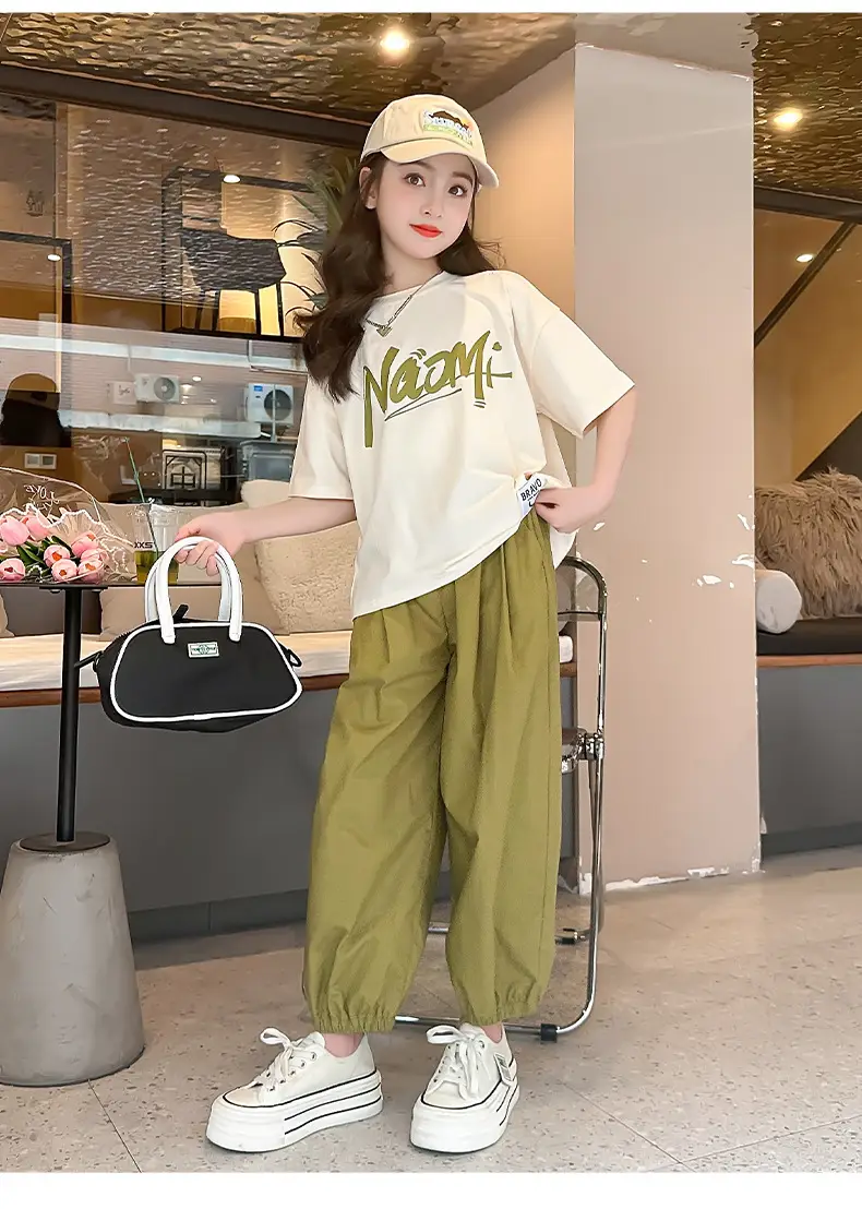Girls 2-Piece Summer Suit Olive Green Thin Cotton Set — feature 12