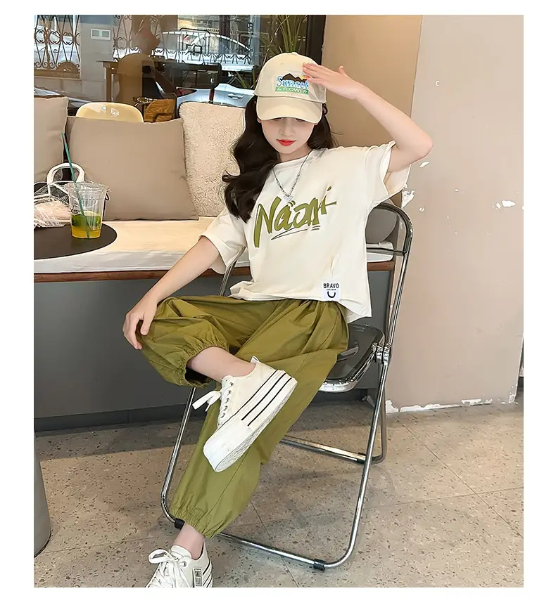Girls 2-Piece Summer Suit Olive Green Thin Cotton Set — feature 13