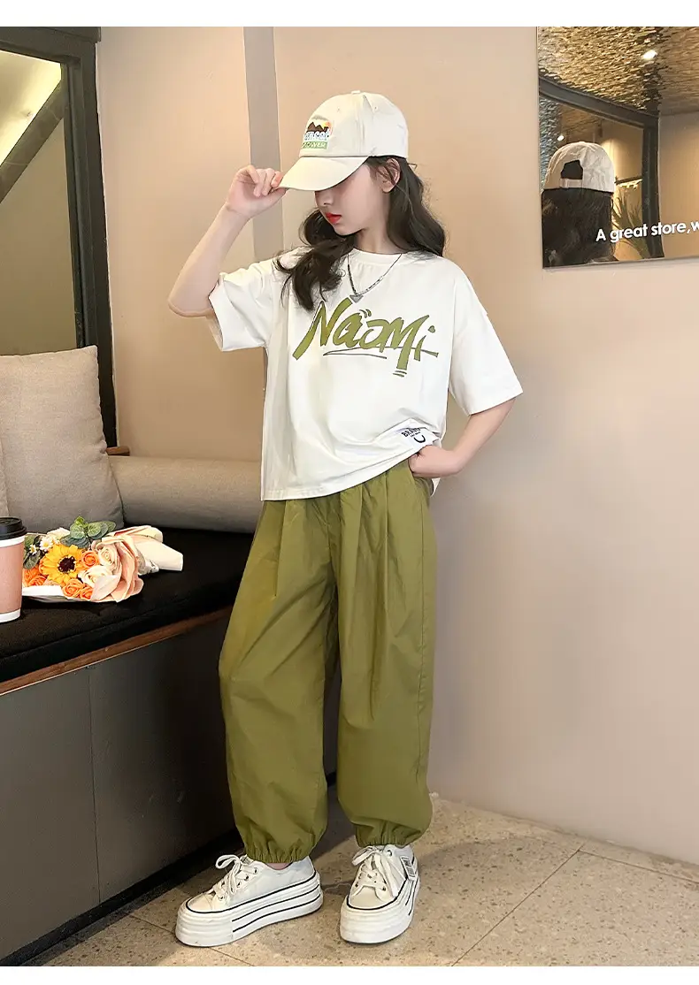 Girls 2-Piece Summer Suit Olive Green Thin Cotton Set — feature 14
