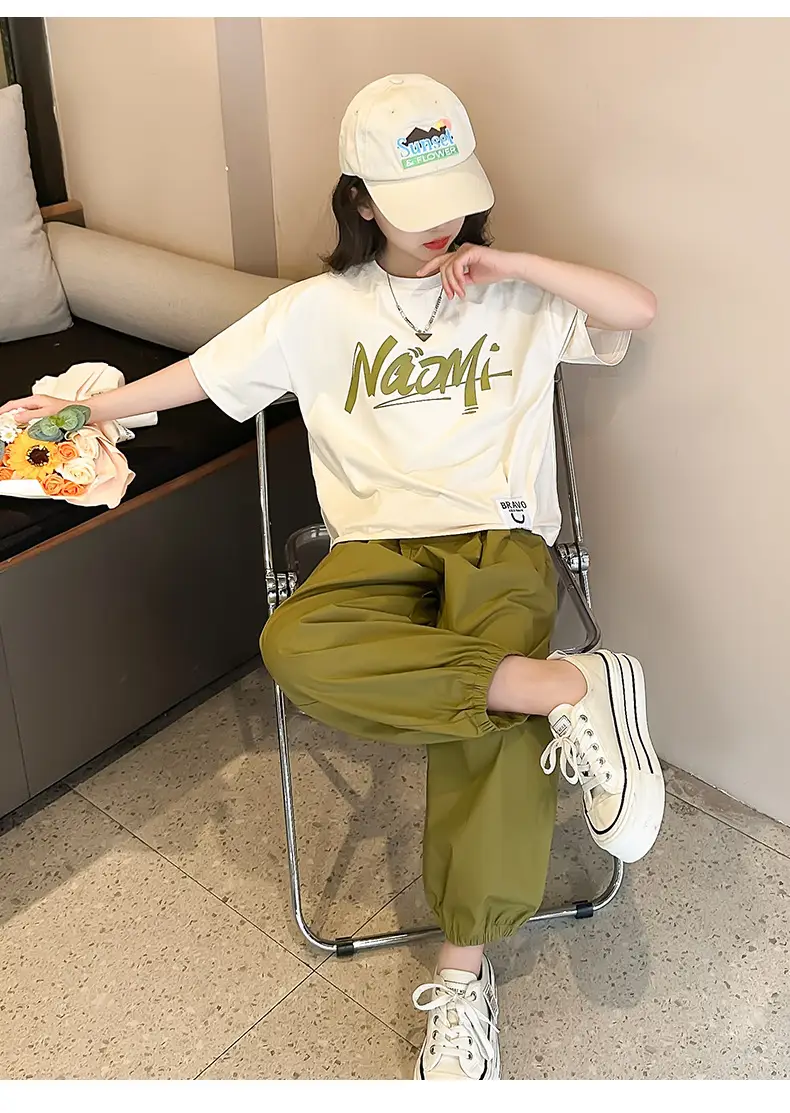 Girls 2-Piece Summer Suit Olive Green Thin Cotton Set — feature 15
