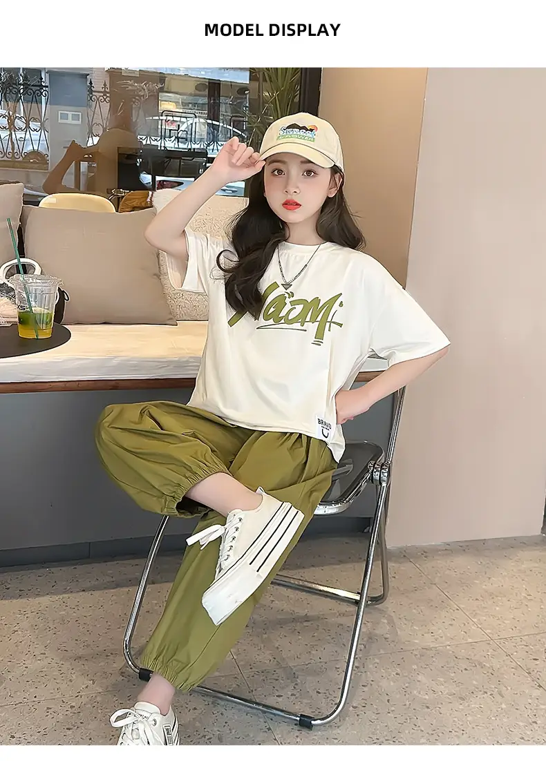 Girls 2-Piece Summer Suit Olive Green Thin Cotton Set — feature 8