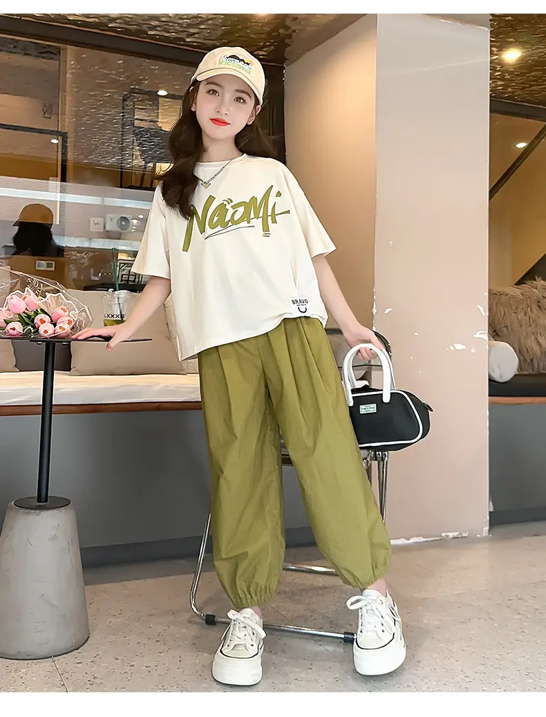 Girls 2-Piece Summer Suit Olive Green Thin Cotton Set — feature 9