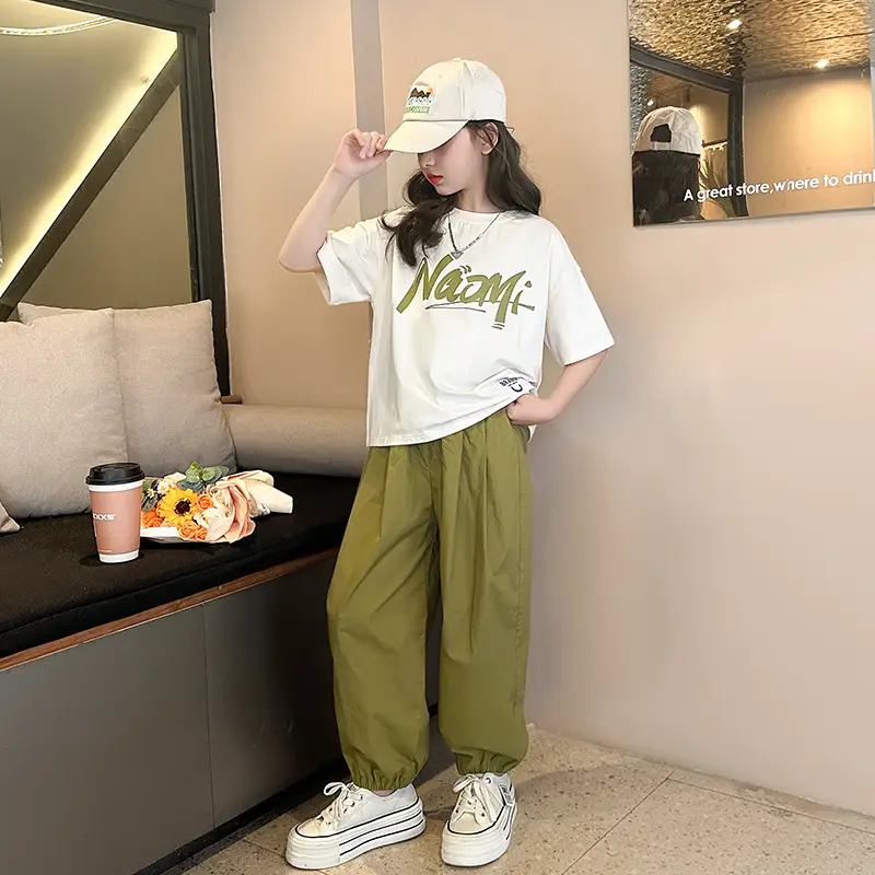 Girls 2-Piece Summer Suit Olive Green Thin Cotton Set