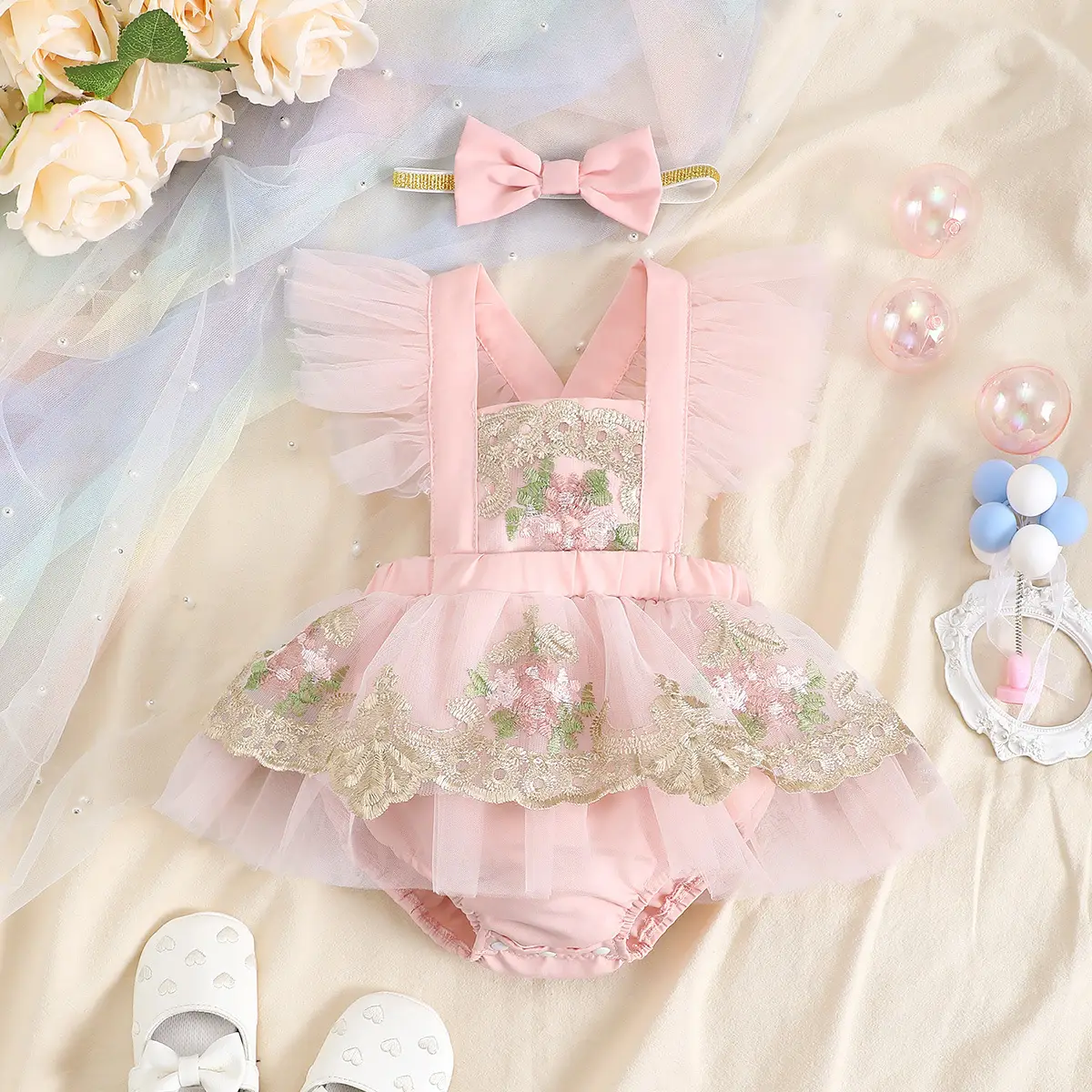 Baby Pink Backless Romper with Bow - Image 2