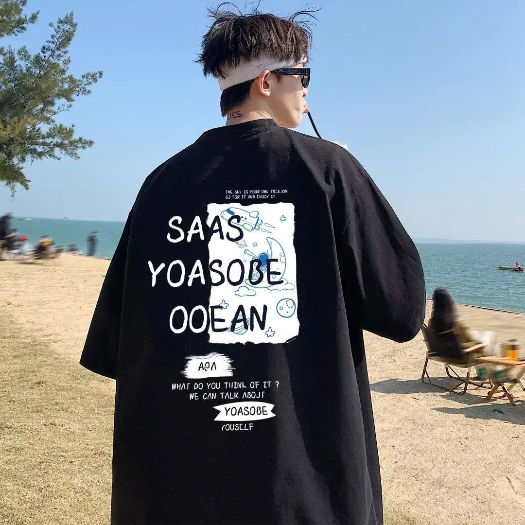 Men Cotton Graphic T-Shirt Black Summer Loose Fit - Image 2