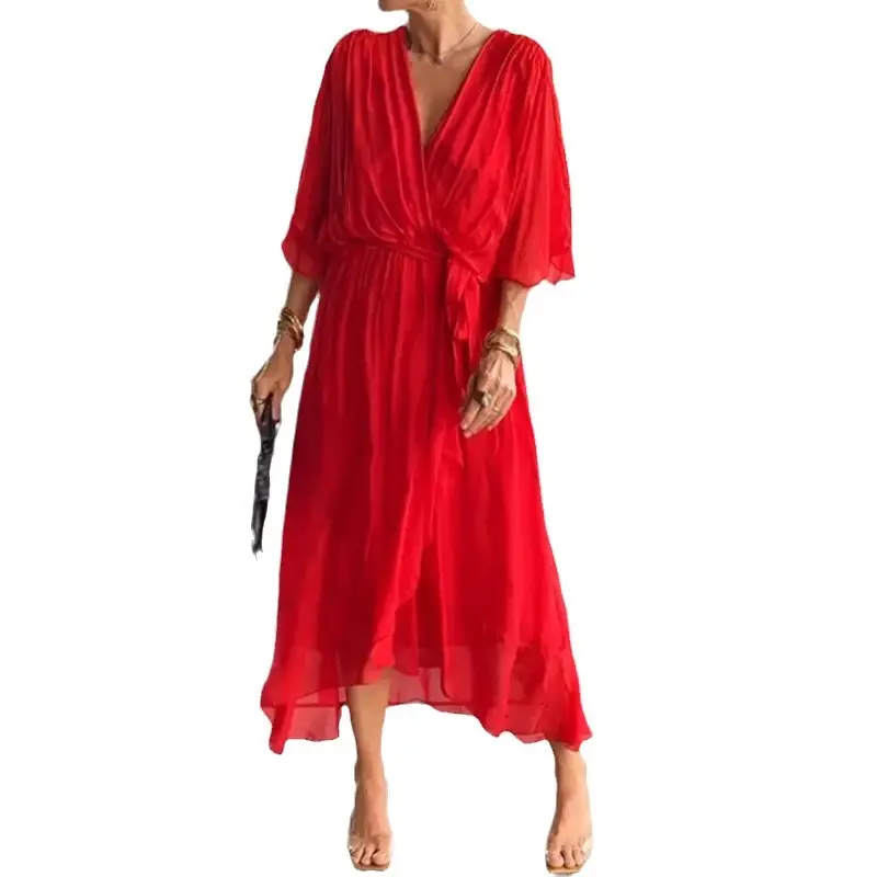 Black Lace-up Dress with Bat Sleeves Plus Size - Image 15