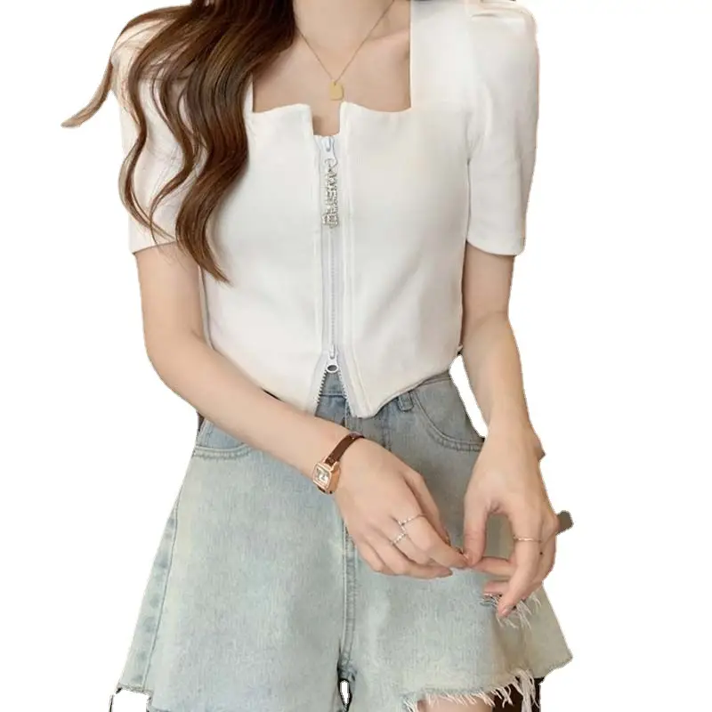 Women's Zip Front Summer T-Shirt Slimming Design - Image 8
