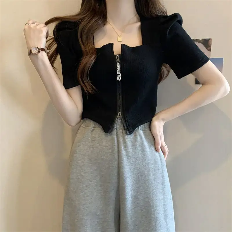 Women's Zip Front Summer T-Shirt Slimming Design — feature 13