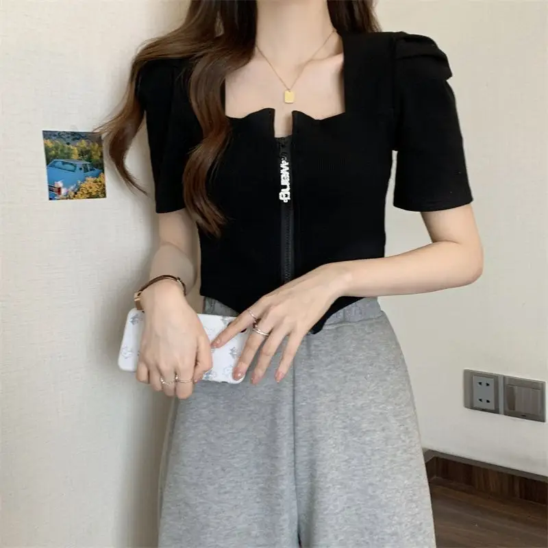 Women's Zip Front Summer T-Shirt Slimming Design — feature 15