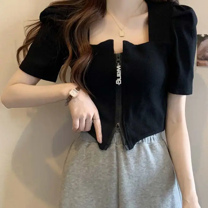 Women's Zip Front Summer T-Shirt Slimming Design - Image 2