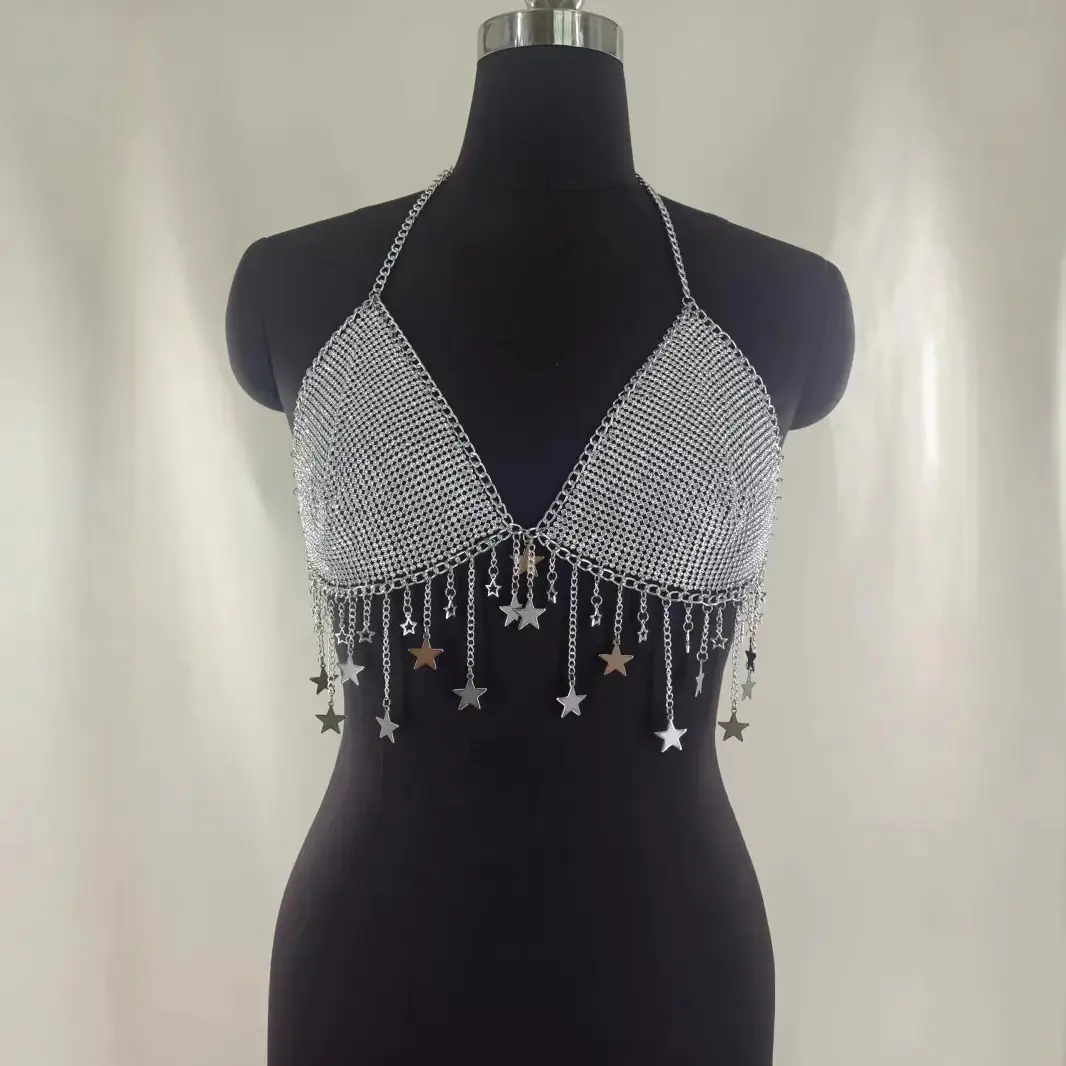 120098 European and American new vest sexy rhinestone inlaid sequin five-pointed star neck tassel body chain small vest - Image 9