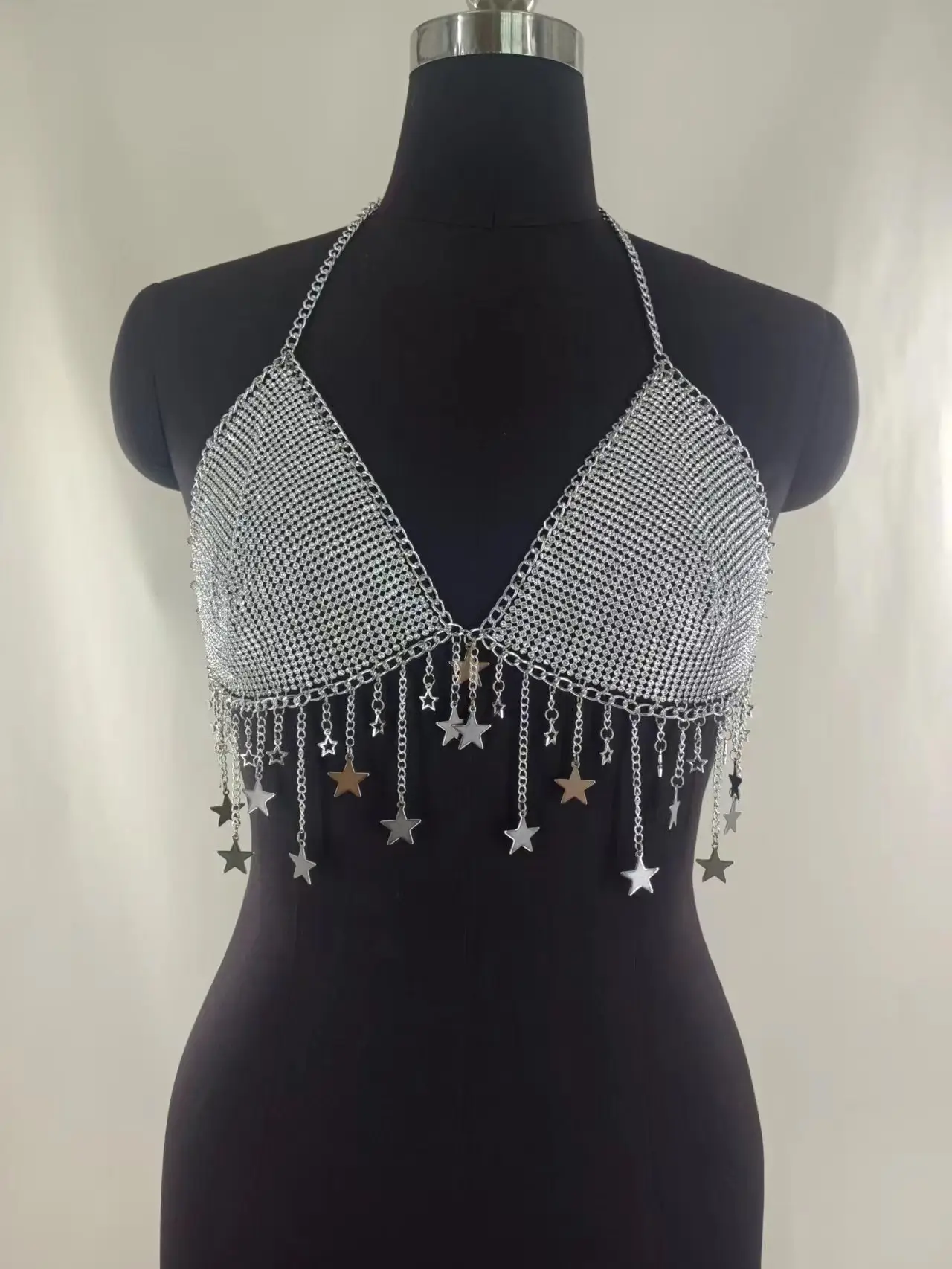 120098 European and American new vest sexy rhinestone inlaid sequin five-pointed star neck tassel body chain small vest - Image 2