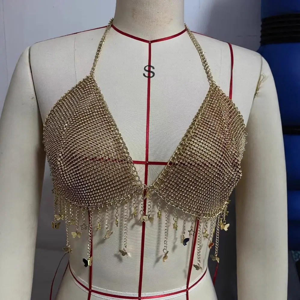 120098 European and American new vest sexy rhinestone inlaid sequin five-pointed star neck tassel body chain small vest - Image 3