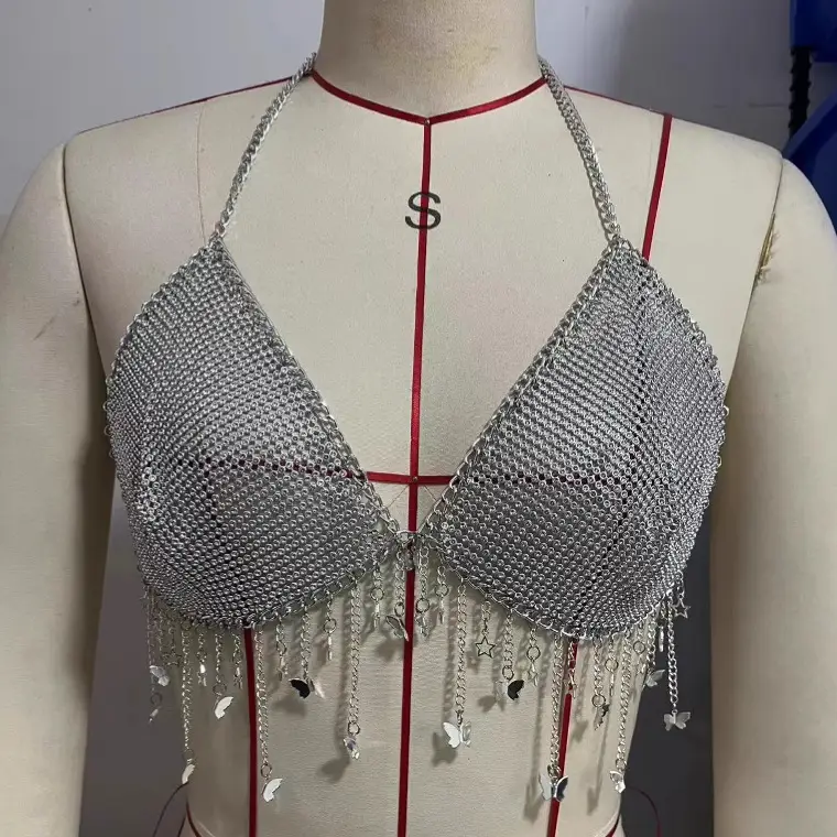 120098 European and American new vest sexy rhinestone inlaid sequin five-pointed star neck tassel body chain small vest - Image 4