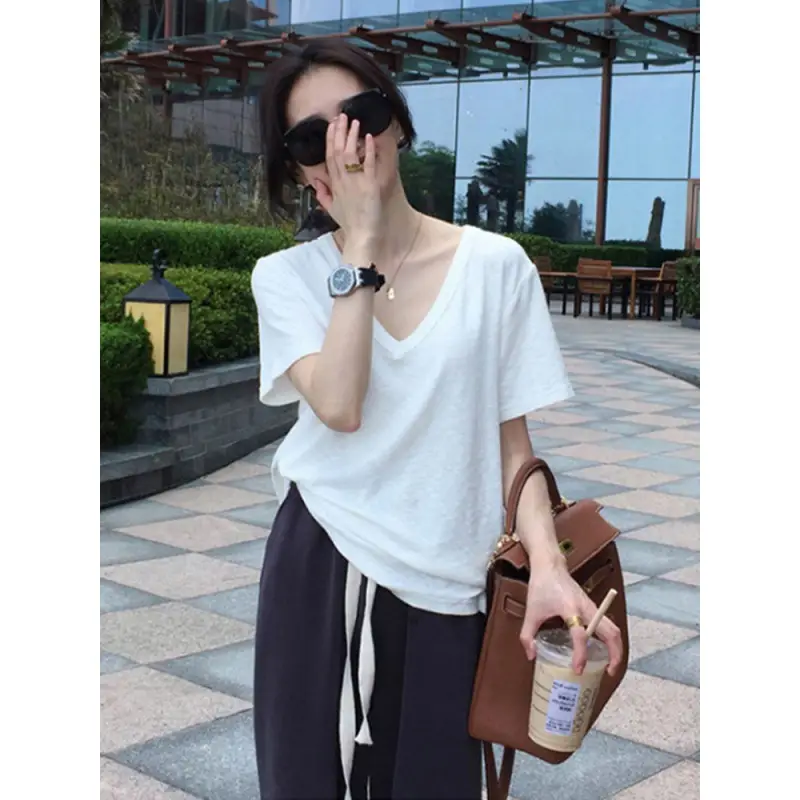 Women Black V-Neck Short Sleeve T-Shirt Summer 2023 - Image 3