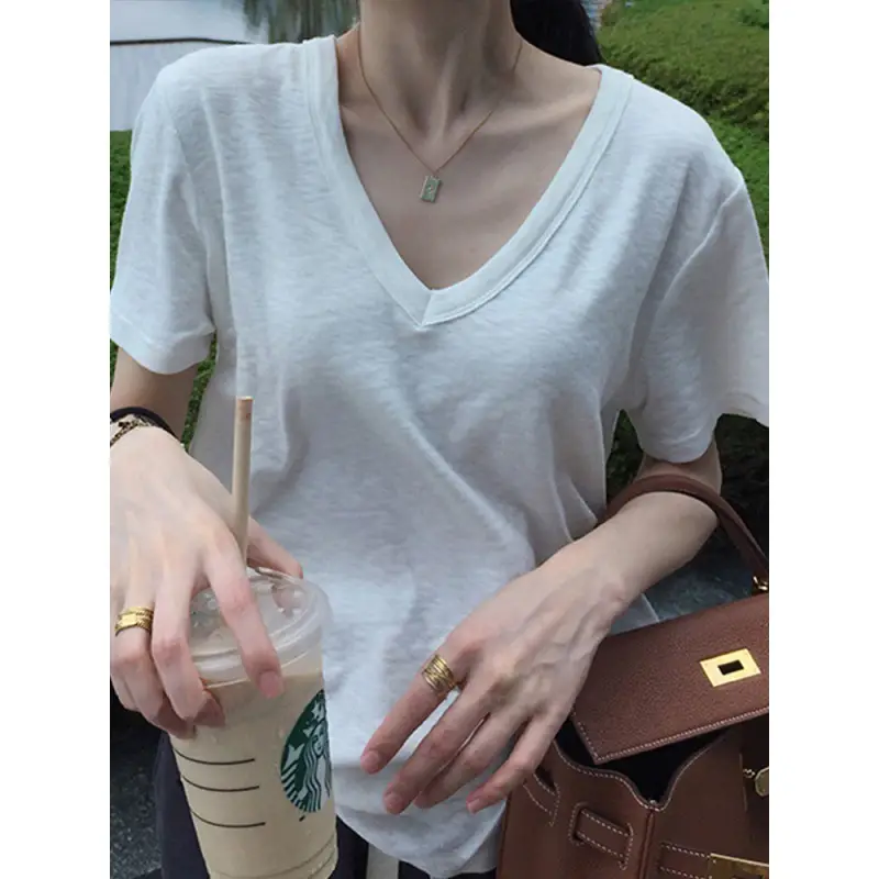Women Black V-Neck Short Sleeve T-Shirt Summer 2023 - Image 4